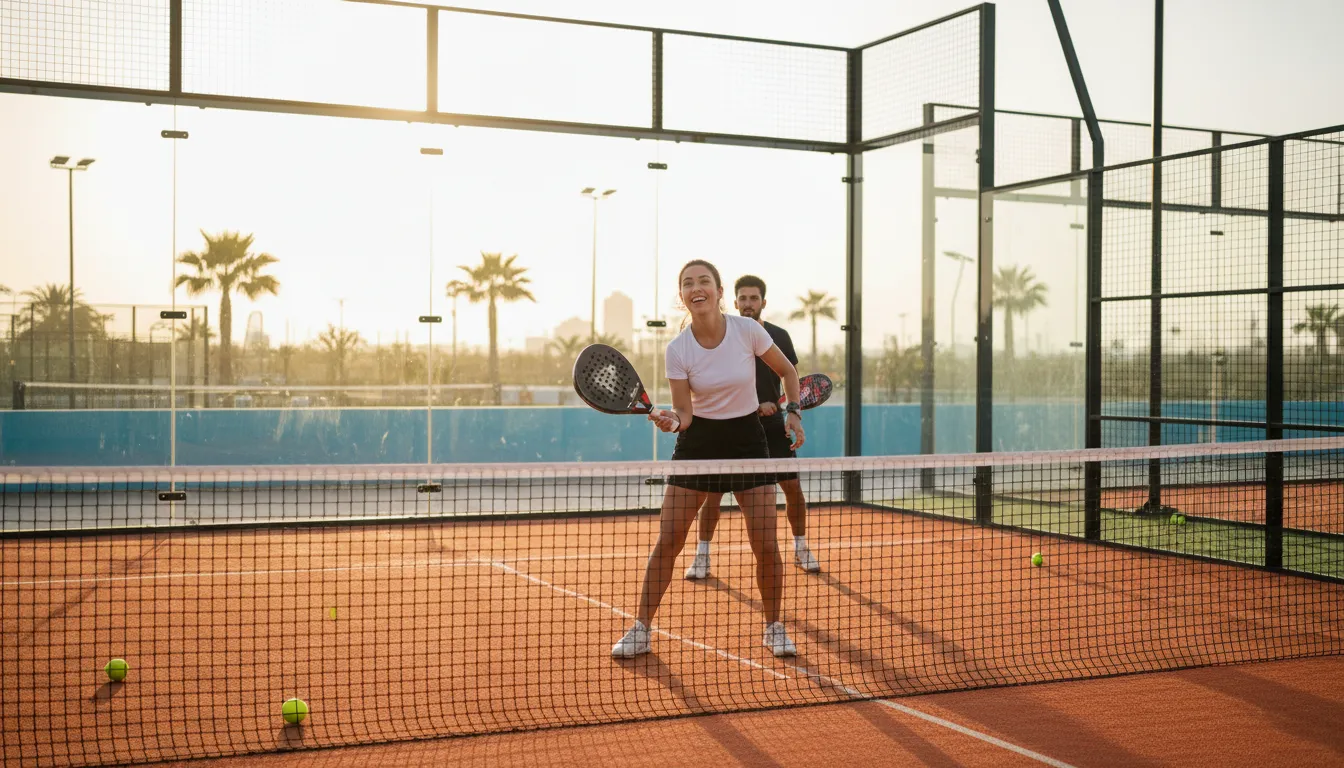Deux joueurs en plein échange sur un court de padel à moquette orange