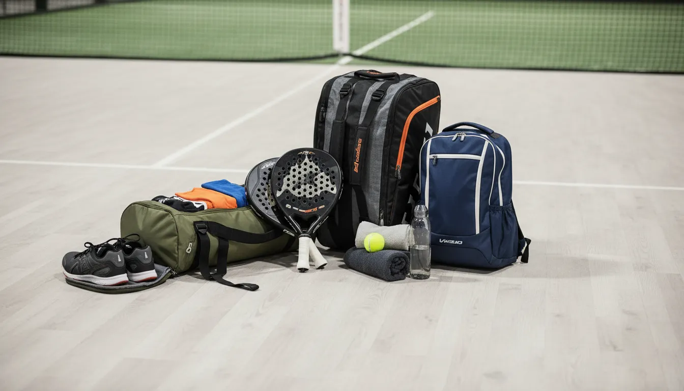Sacs de padel ouverts avec raquettes et accessoires sur un court