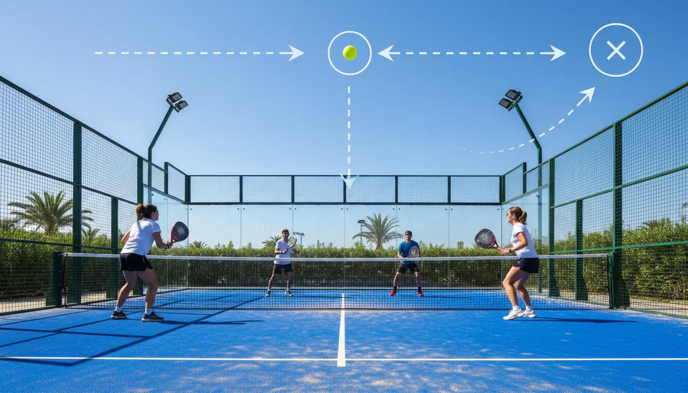 Trajectoires de balle schématisées au-dessus d'un court de padel